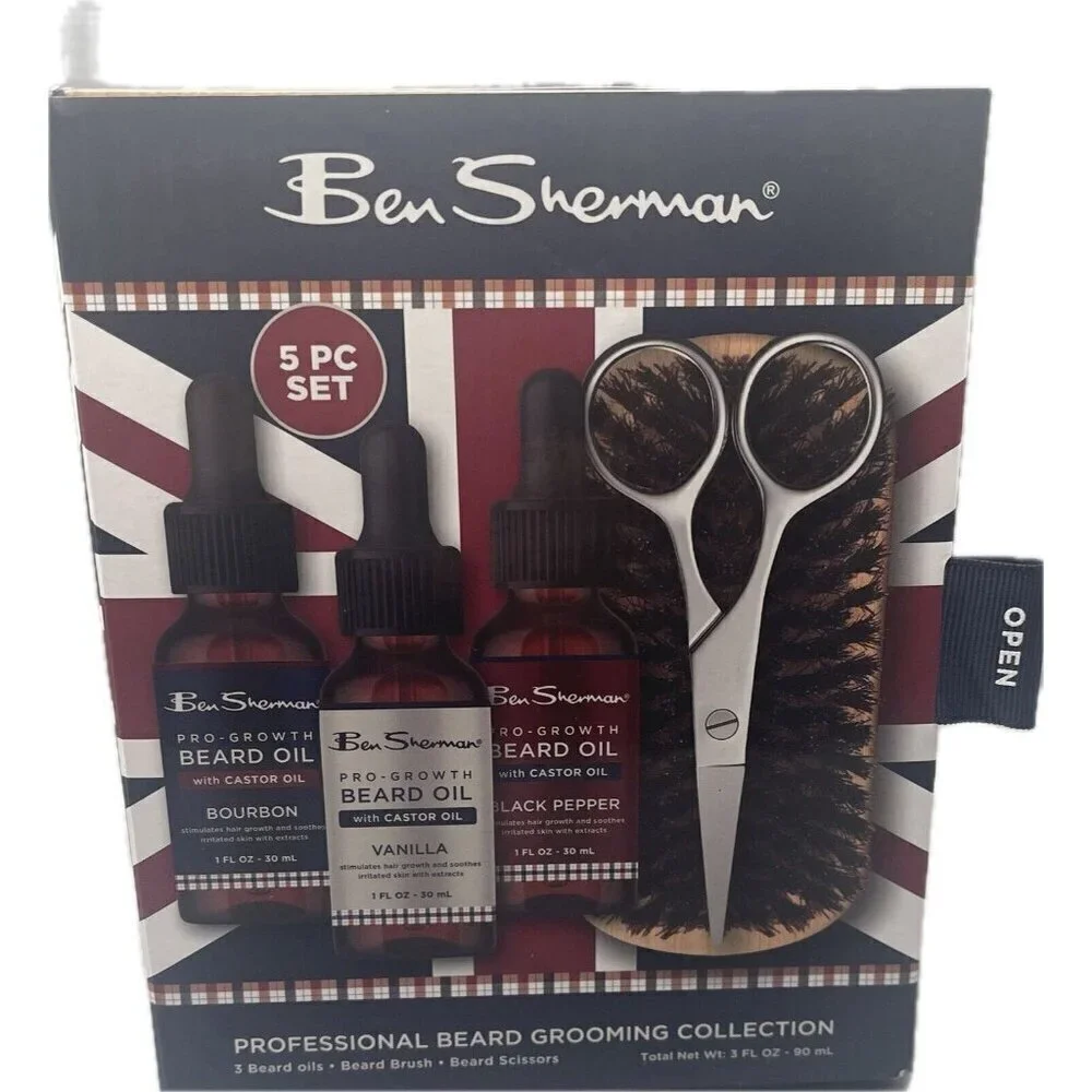 Ben Sherman Professional Beard Grooming Oils-Brush-Scissors- 5 Piece Set